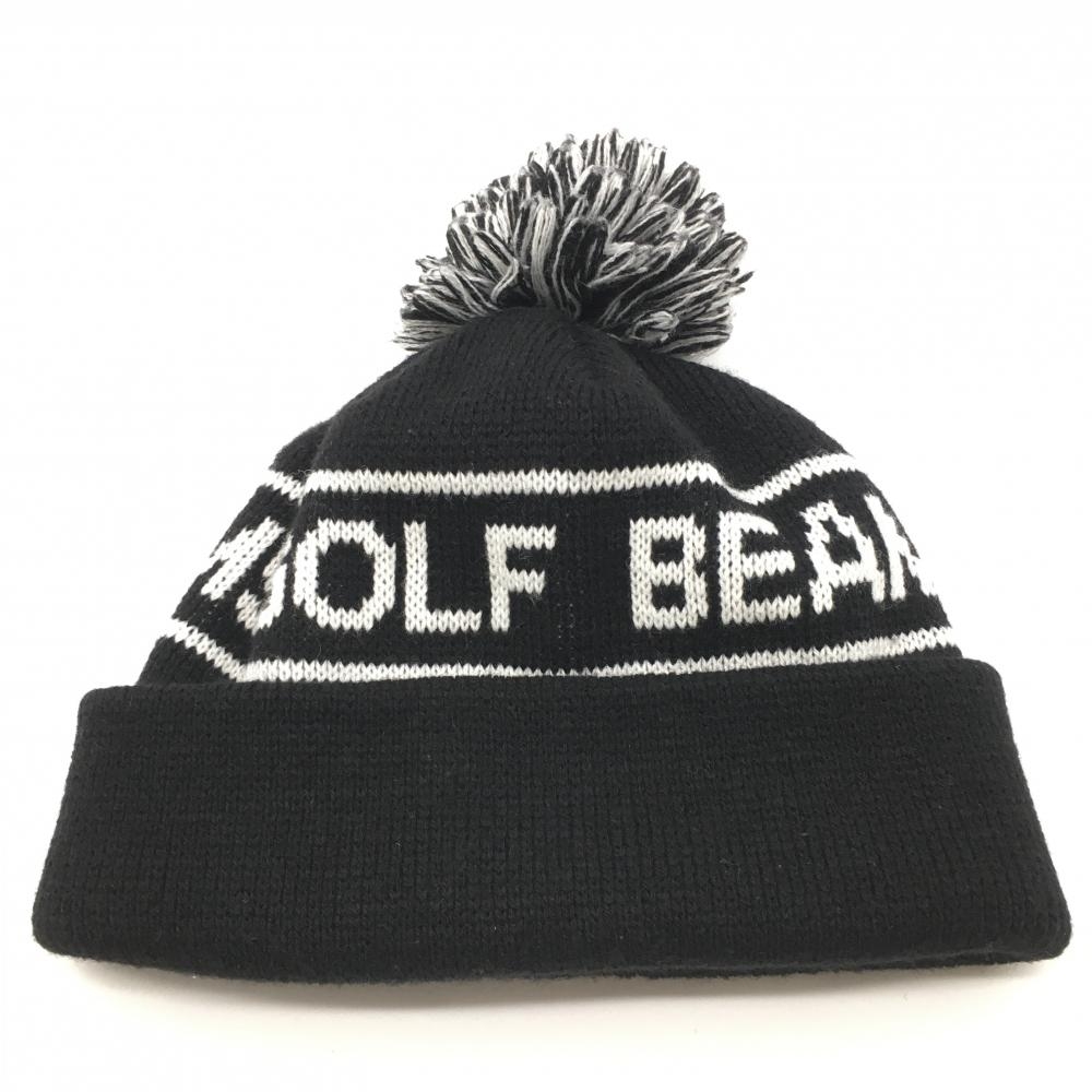 【超美品】ビームスゴルフ ニット帽 黒×白 ウール混 ビッグロゴ ボンボン付 57〜59cm ゴルフウェア BEAMS GOLF