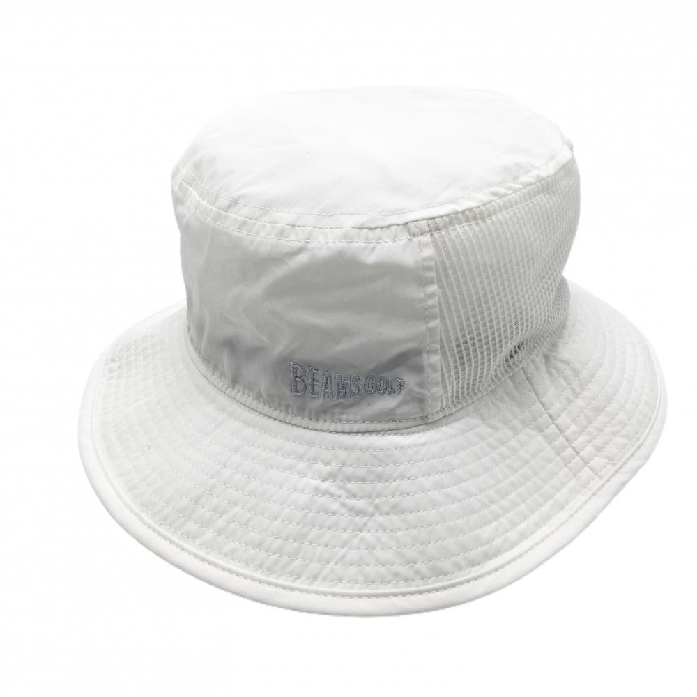 【美品】ビームスゴルフ バケットハット 白 一部メッシュ ネックガード付 59cm   ゴルフウェア BEAMS GOLF