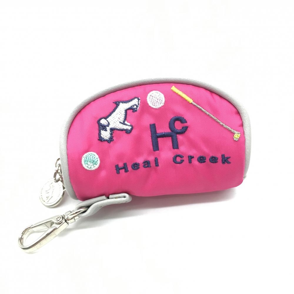 【超美品】ヒールクリーク ボールケース ピンク×ネイビー ティー装着可 ドッグ刺しゅうゴルフ Heal Creek