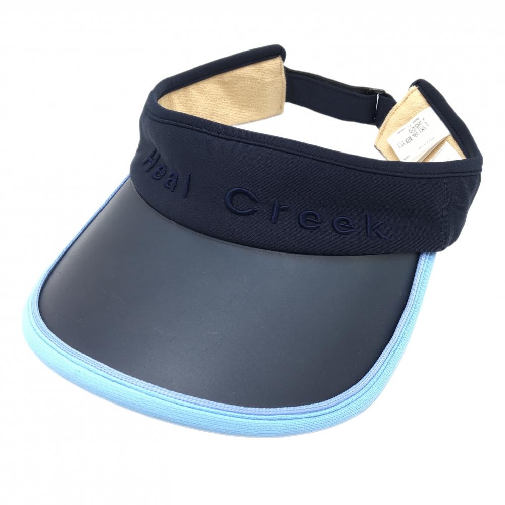 【美品】ヒールクリーク サンバイザー ネイビー×ライトブルー ロゴ刺しゅう 40   ゴルフウェア Heal Creek