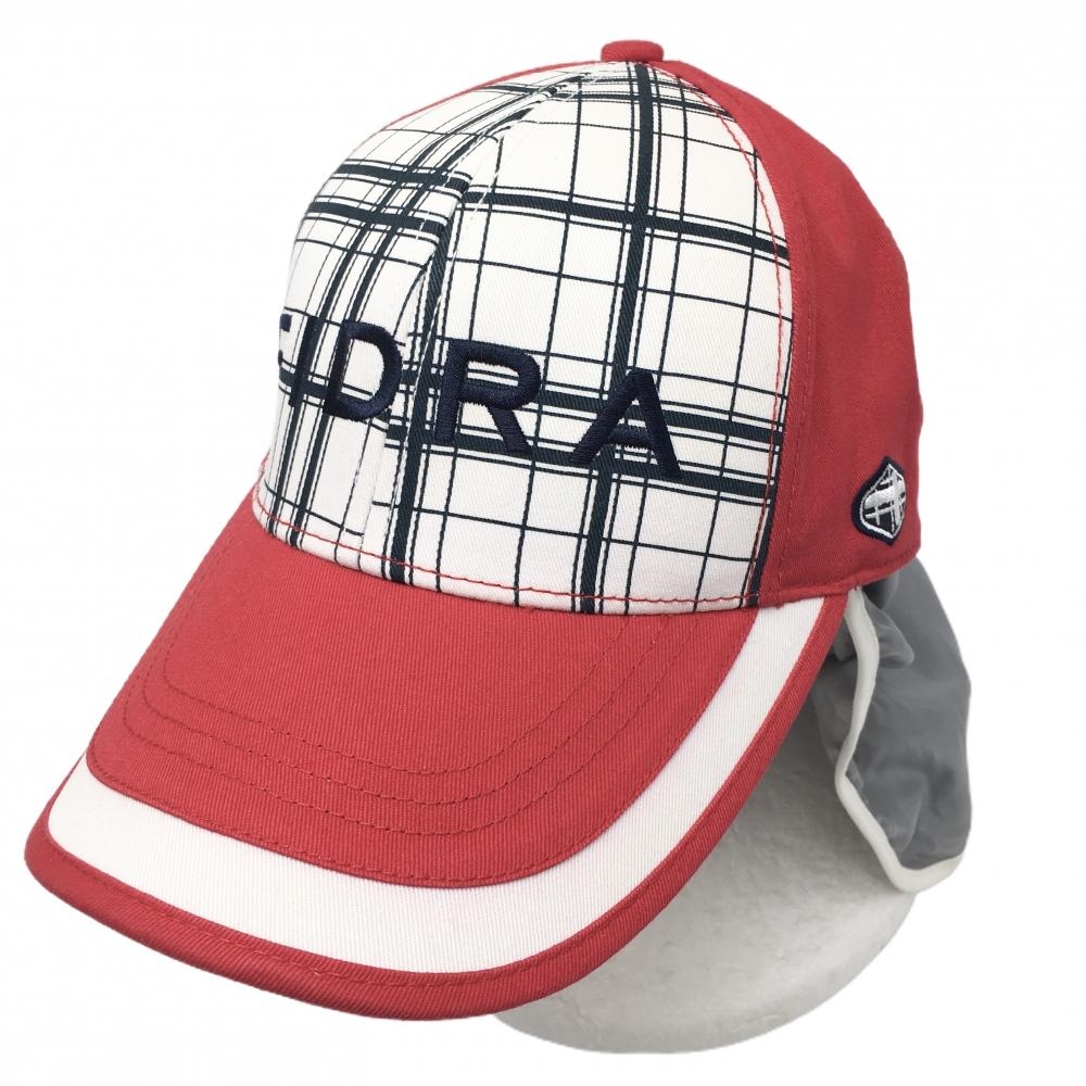 【超美品】フィドラゴルフ キャップ レッド×白 フロントチェック ロゴ刺しゅう ネック日よけ付き F(59-61cm)  ゴルフウェア FIDRA