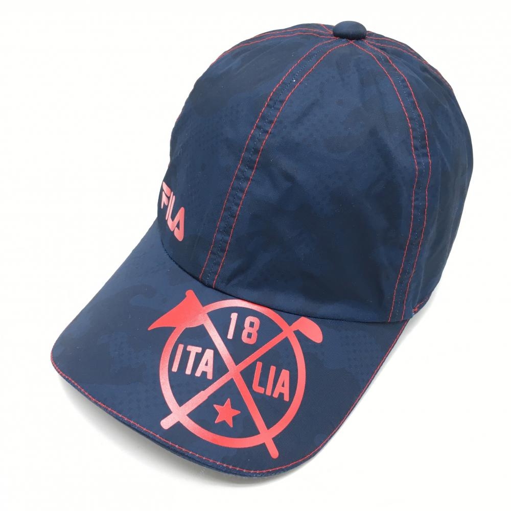 【超美品】フィラゴルフ レインキャップ ネイビー×レッド 迷彩風 総柄 裏地メッシュ   ゴルフウェア FILA GOLF