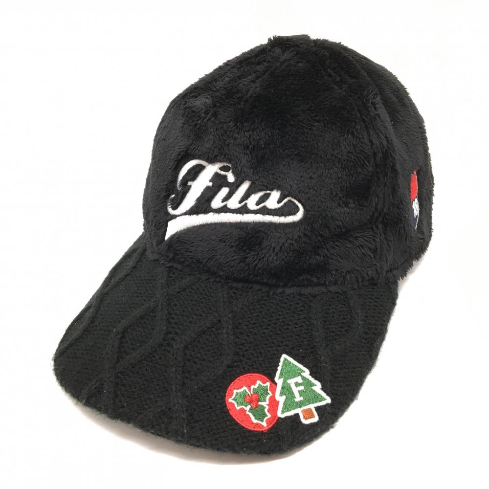 フィラゴルフ 異素材キャップ 黒×白 ニット ボア ロゴ刺しゅう   ゴルフウェア FILA GOLF