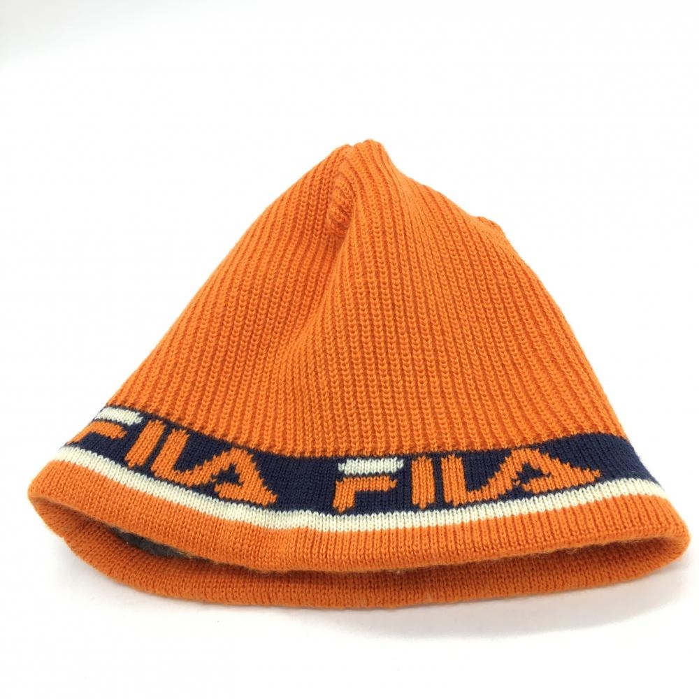 【美品】FILA GOLF フィラ ニット帽 オレンジ×ネイビー 裏起毛  ゴルフウェア