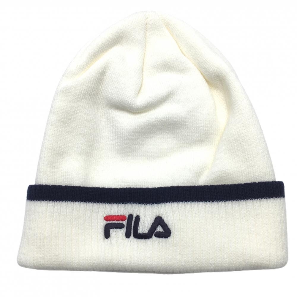 【新品】フィラゴルフ ニット帽 白×黒 ロゴ刺しゅう F ゴルフウェア FILA GOLF