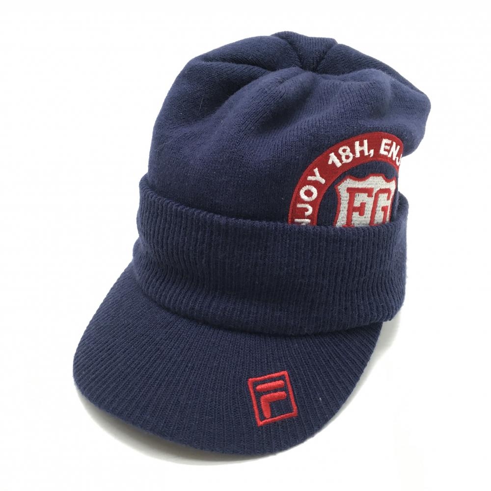 【美品】フィラゴルフ つば付きニット帽 ネイビー×レッド アクリル100％  ゴルフウェア FILA GOLF