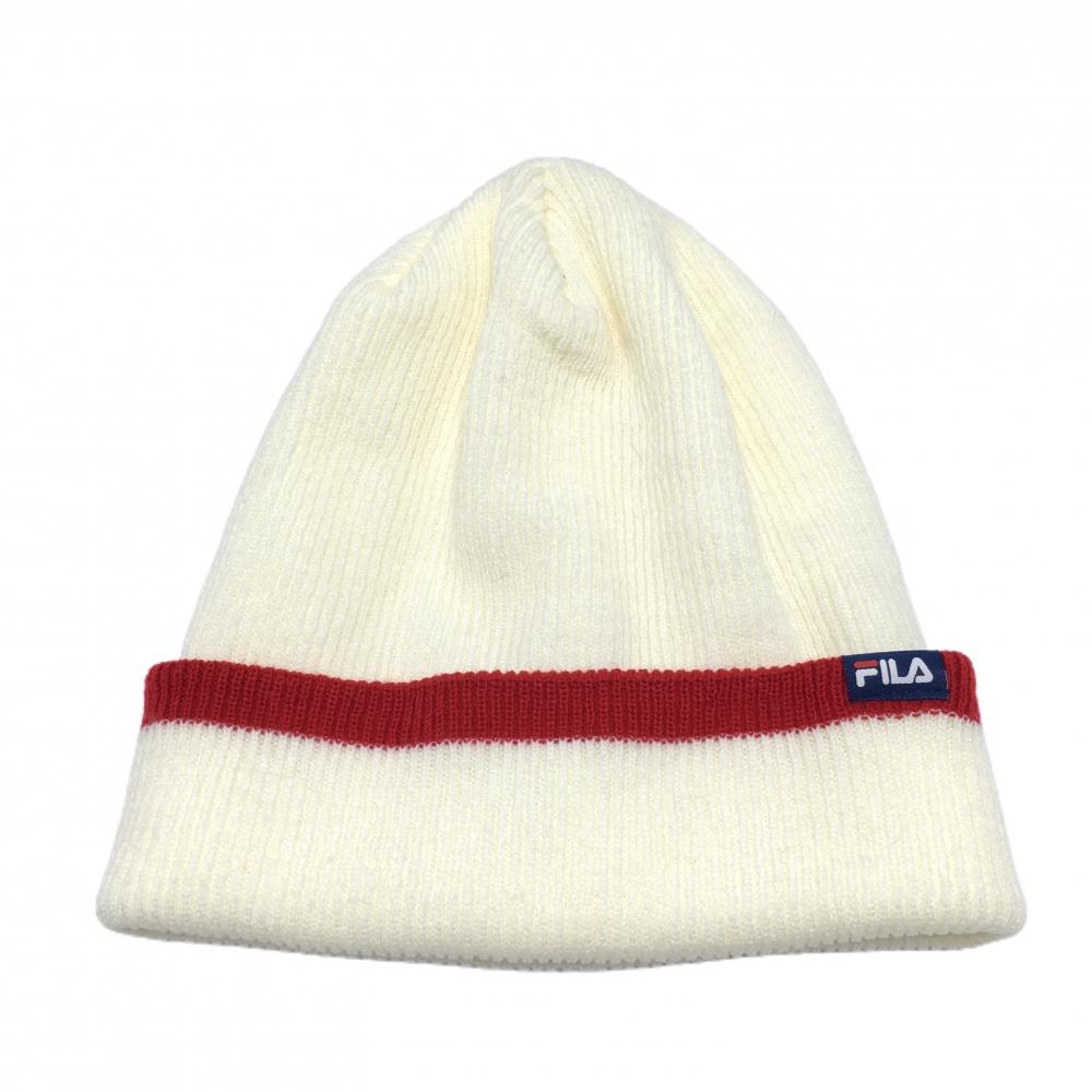 【超美品】フィラゴルフ ニット帽 アイボリー×レッド アクリル100％ ゴルフウェア FILA GOLF