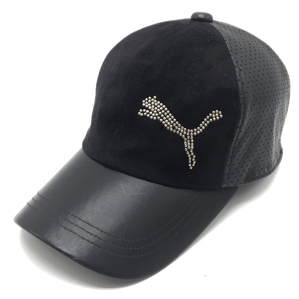 【美品】プーマ キャップ 黒 一部本革 パンチング穴  FREE   ゴルフウェア PUMA
