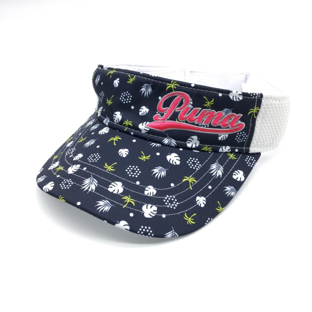 【美品】PUMA プーマ サンバイザー ネイビー×白 リーフ柄 メッシュ One Size Fits All(54-57cm) ゴルフウェア