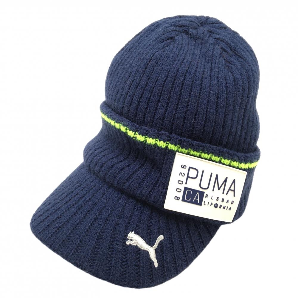 【超美品】プーマ つば付きニット帽 ネイビー×白 シリコンワッペン ロゴ刺しゅう ONE SIZE(56-59㎝)   ゴルフウェア PUMA