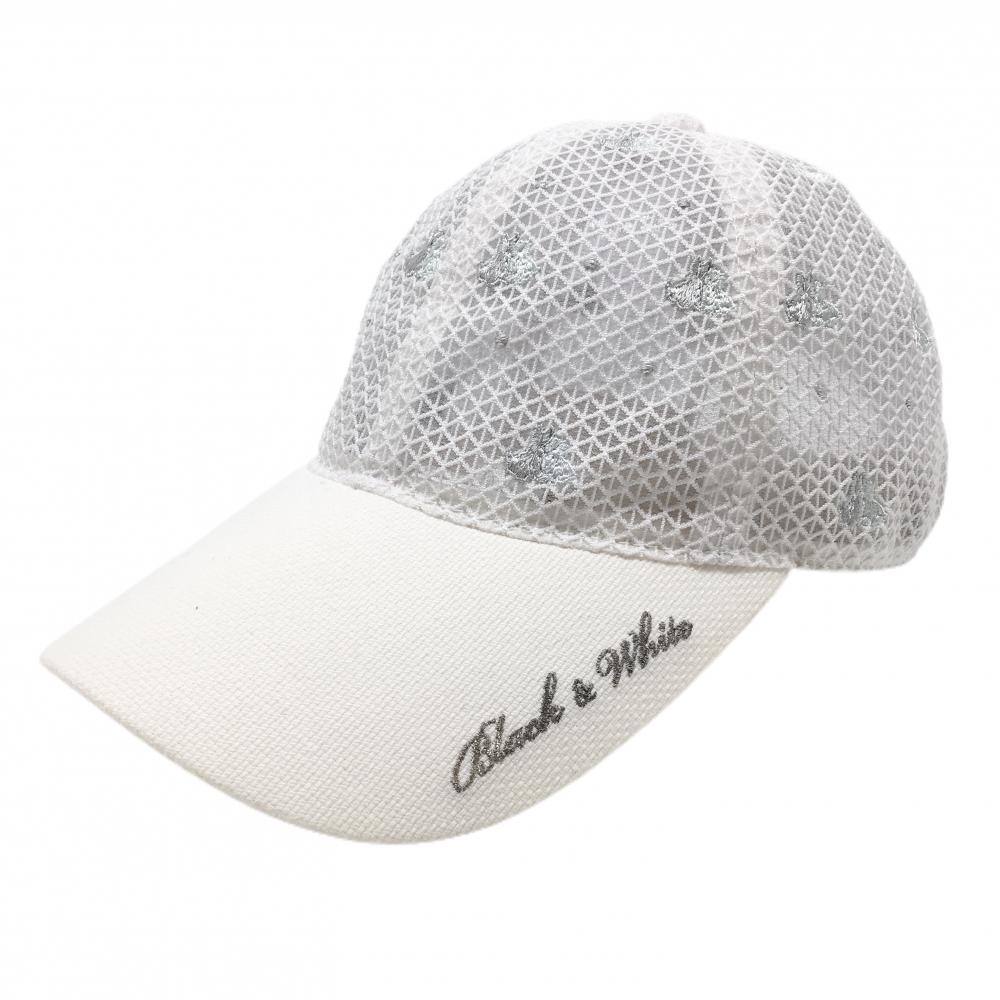 【美品】ブラックアンドホワイト メッシュキャップ 白×グレー 透かし編み ロゴ総柄   ゴルフウェア Black＆White