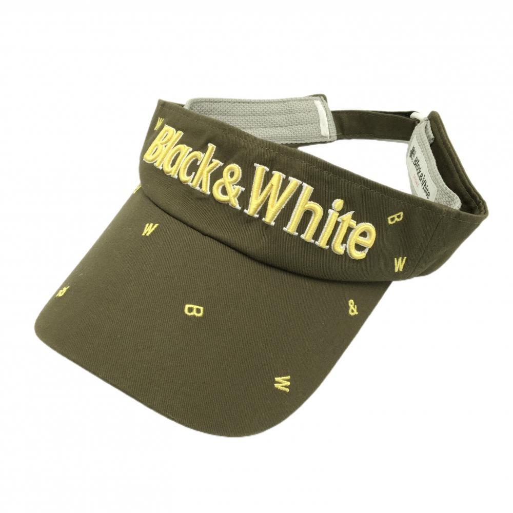 【美品】ブラックアンドホワイト サンバイザー カーキ×イエロー 英字総柄刺しゅう 立体ロゴ   ゴルフウェア Black＆White