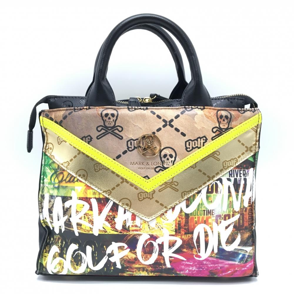 【美品】マークアンドロナ カートバッグ 黒×マルチカラー 最後の晩餐 スカル 内外ポケット付  ゴルフ MARK＆LONA
