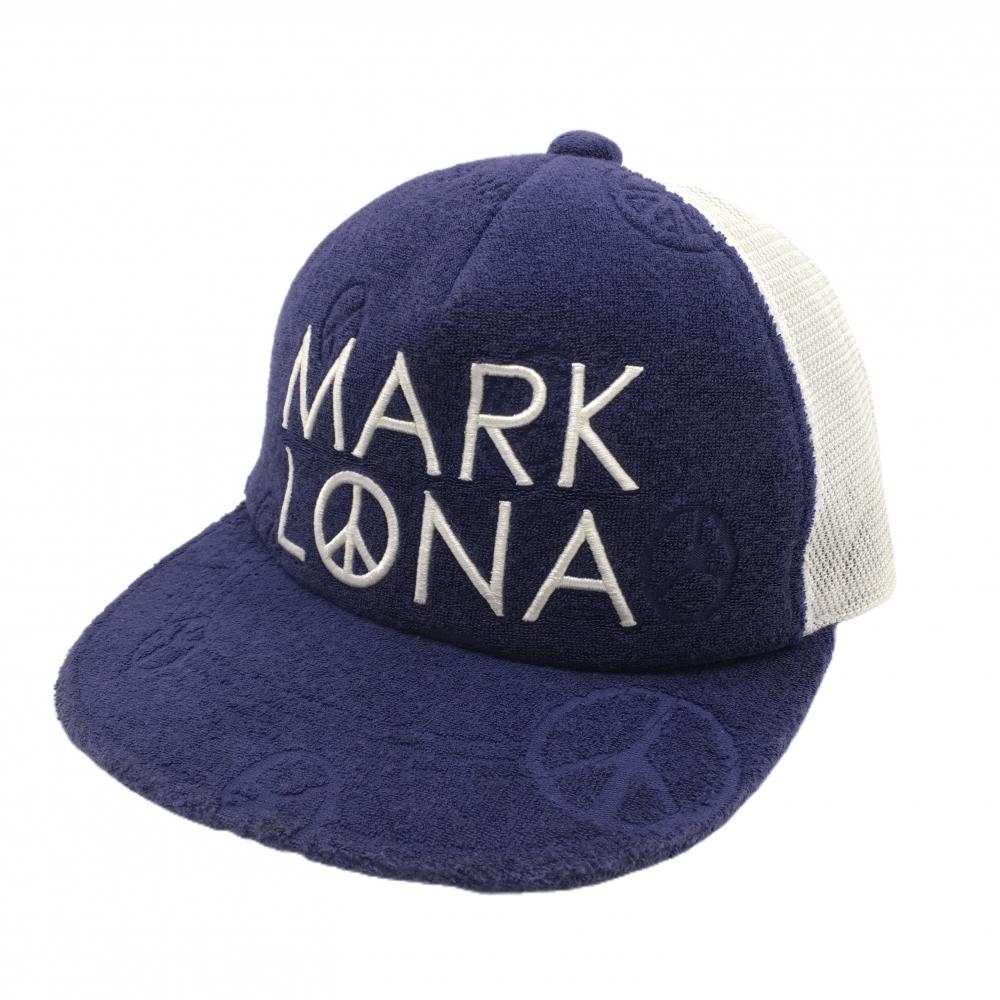 【美品】マークアンドロナ フラットキャップ ネイビー×白 ロゴ刺しゅう パイル生地  FREE  ゴルフウェア MARK＆LONA