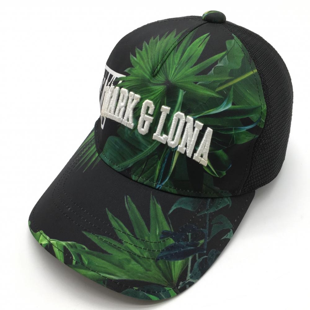 【超美品】マークアンドロナ メッシュキャップ 黒×グリーン リーフ柄 立体ロゴ  S  ゴルフウェア MARK＆LONA
