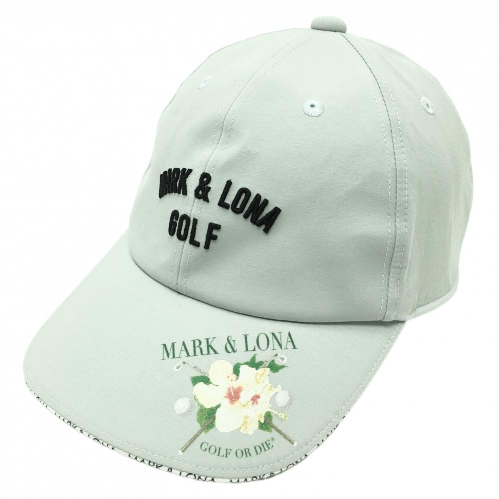 【超美品】マークアンドロナ キャップ ライトグレー つば縁ロゴ 花プリント ナイロン混 FREE   ゴルフウェア MARK＆LONA