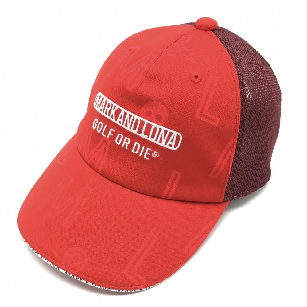 【超美品】マークアンドロナ メッシュキャップ レッド×ボルドー 一部英字総柄 スカル FREE   ゴルフウェア MARK＆LONA