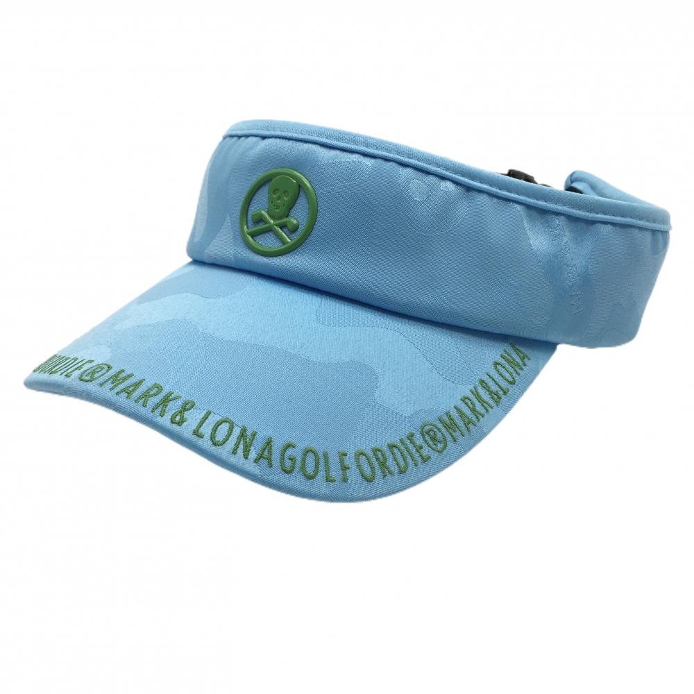 【超美品】マークアンドロナ サンバイザー ライトブルー×グリーン 迷彩 カモフラ スカル FREE   ゴルフウェア MARK＆LONA
