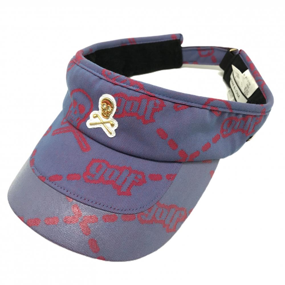 【超美品】マークアンドロナ サンバイザー パープル系×ピンク系 スカル総柄 FREE   ゴルフウェア MARK＆LONA