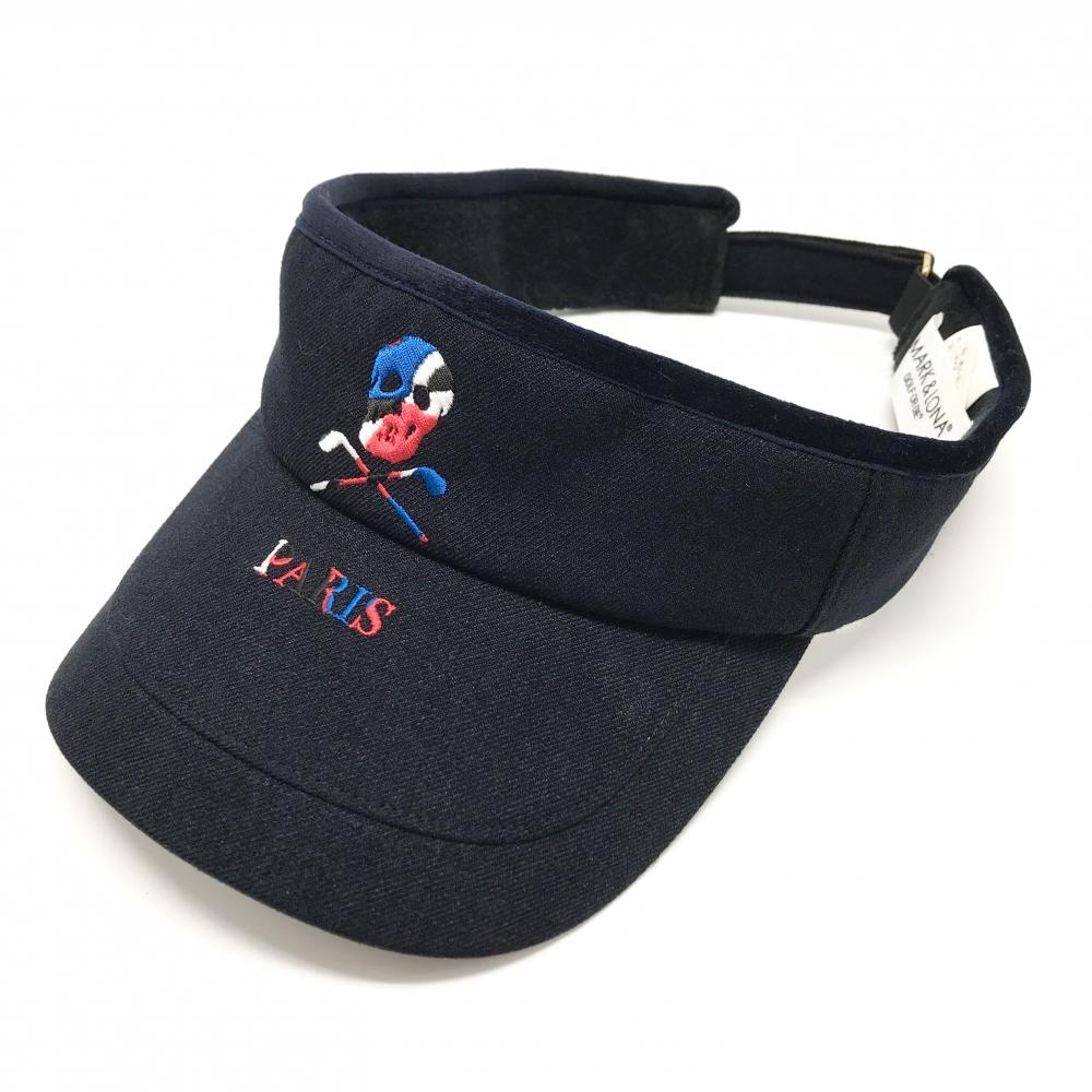 【美品】マークアンドロナ サンバイザー 黒×レッド×ブルー スカル FREE   ゴルフウェア MARK＆LONA