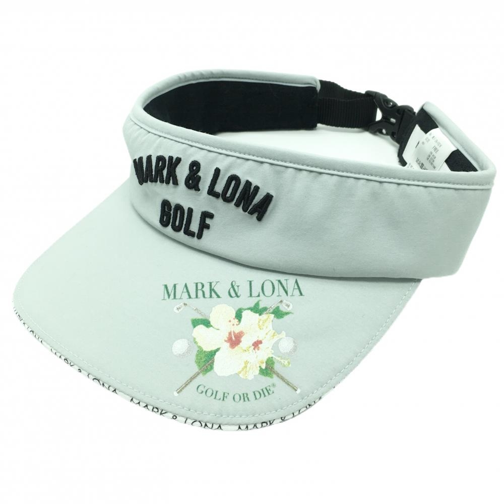【超美品】マークアンドロナ サンバイザー ライトグレー つば縁ロゴ 花プリント   ゴルフウェア MARK＆LONA