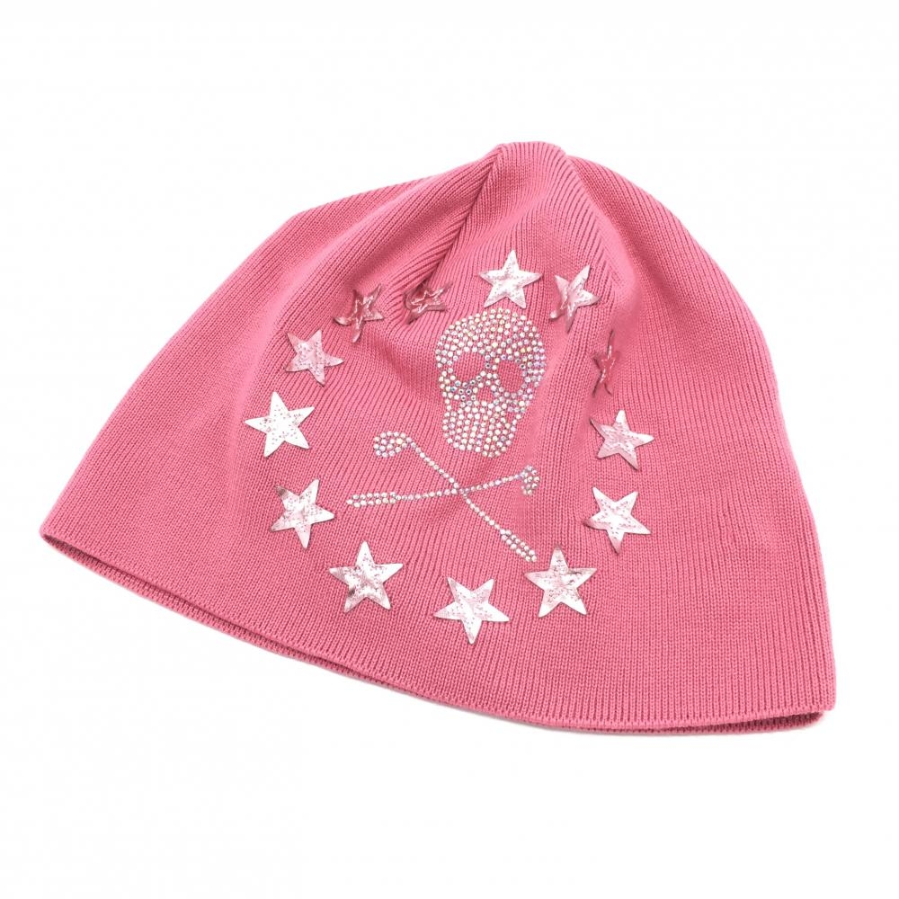 【美品】MARK＆LONA マークアンドロナ ニット帽 ピンク 星柄×ラインストーンスカル ウール40％ F ゴルフウェア