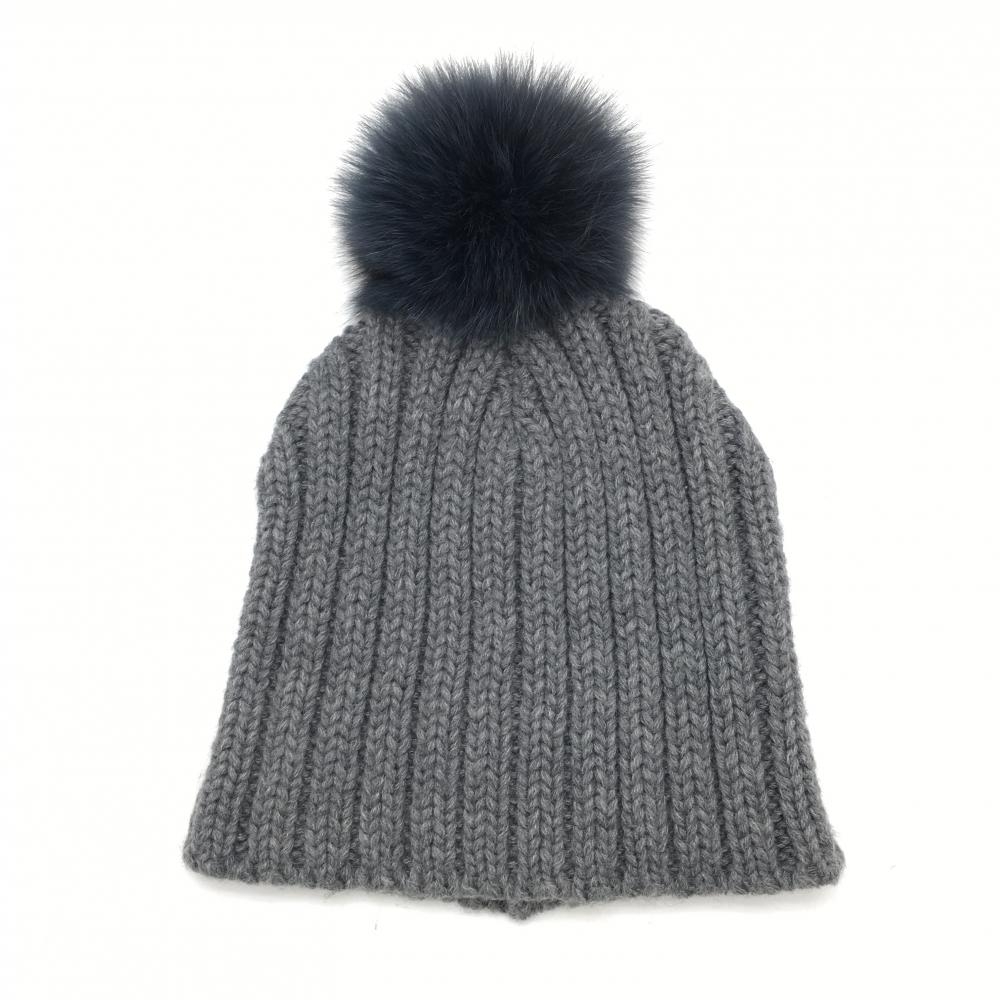 【美品】マークアンドロナ ニット帽 グレー ボンボン付 フリーサイズ  ゴルフウェア MARK＆LONA