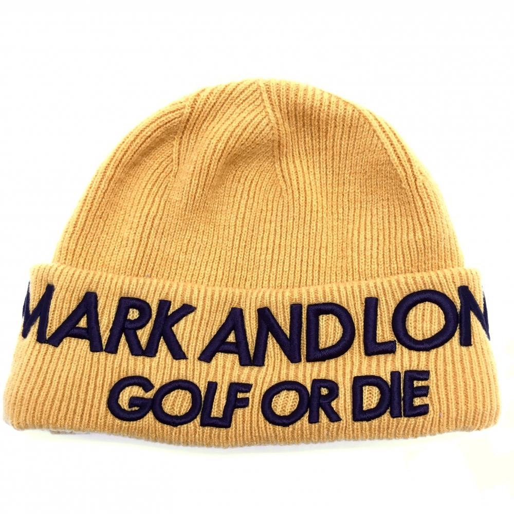 【超美品】マークアンドロナ ニット帽 イエローオレンジ 立体ロゴ刺しゅう ウール混 FREE   ゴルフウェア MARK＆LONA