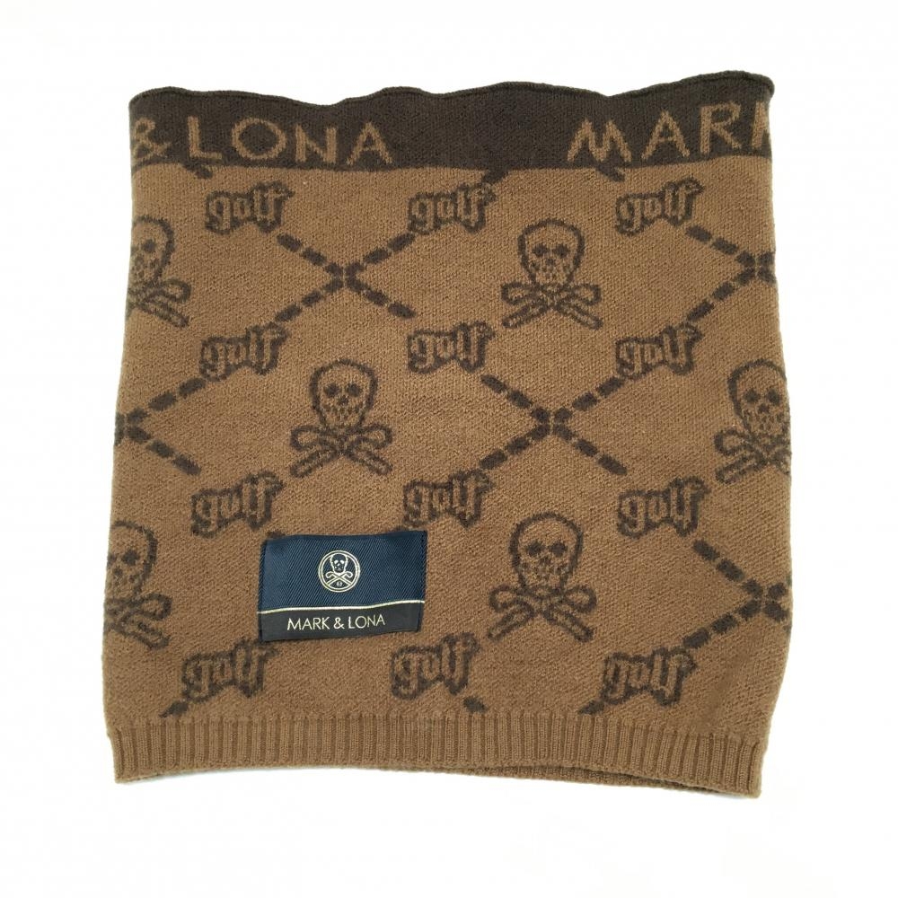 【超美品】マークアンドロナ ニットネックウォーマー ブラウン スカル総柄 ウール混 FREE   ゴルフウェア MARK＆LONA