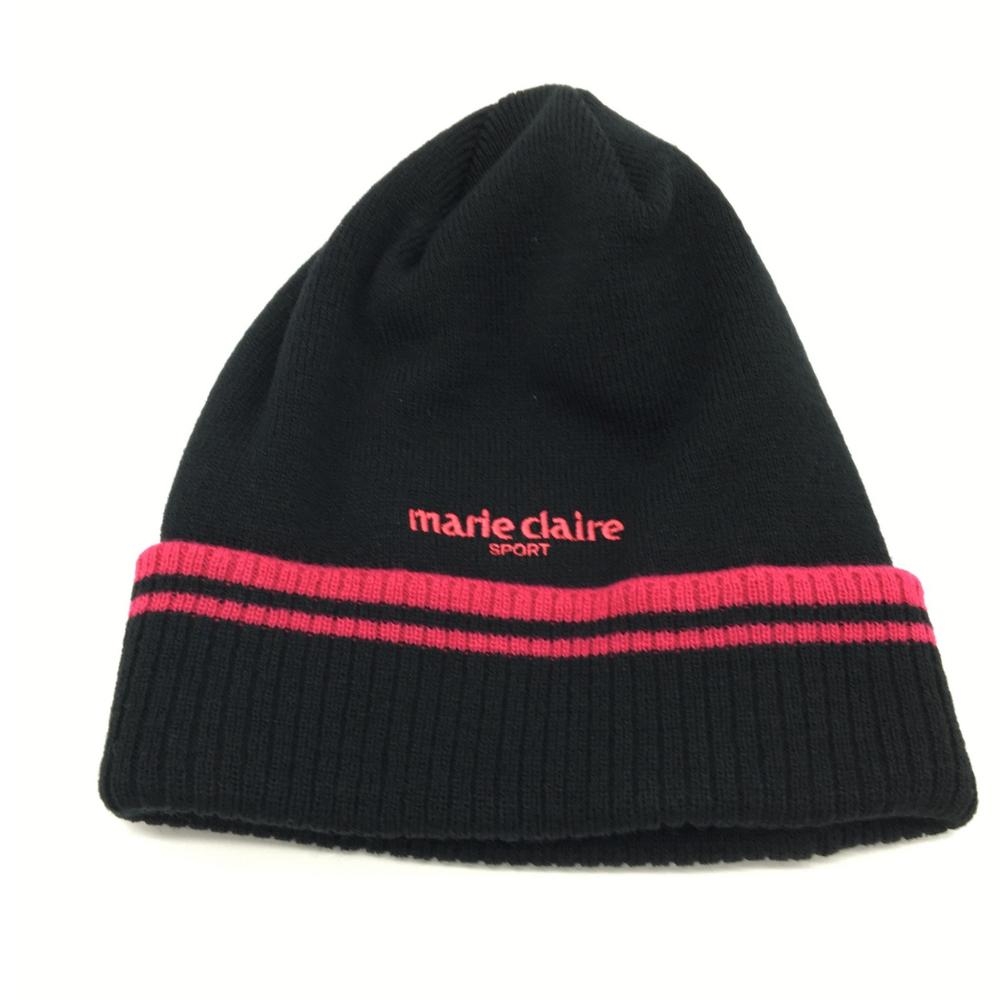 【新品】marie claire マリクレール ニット帽 黒×ピンク ロゴ刺しゅう F ゴルフウェア