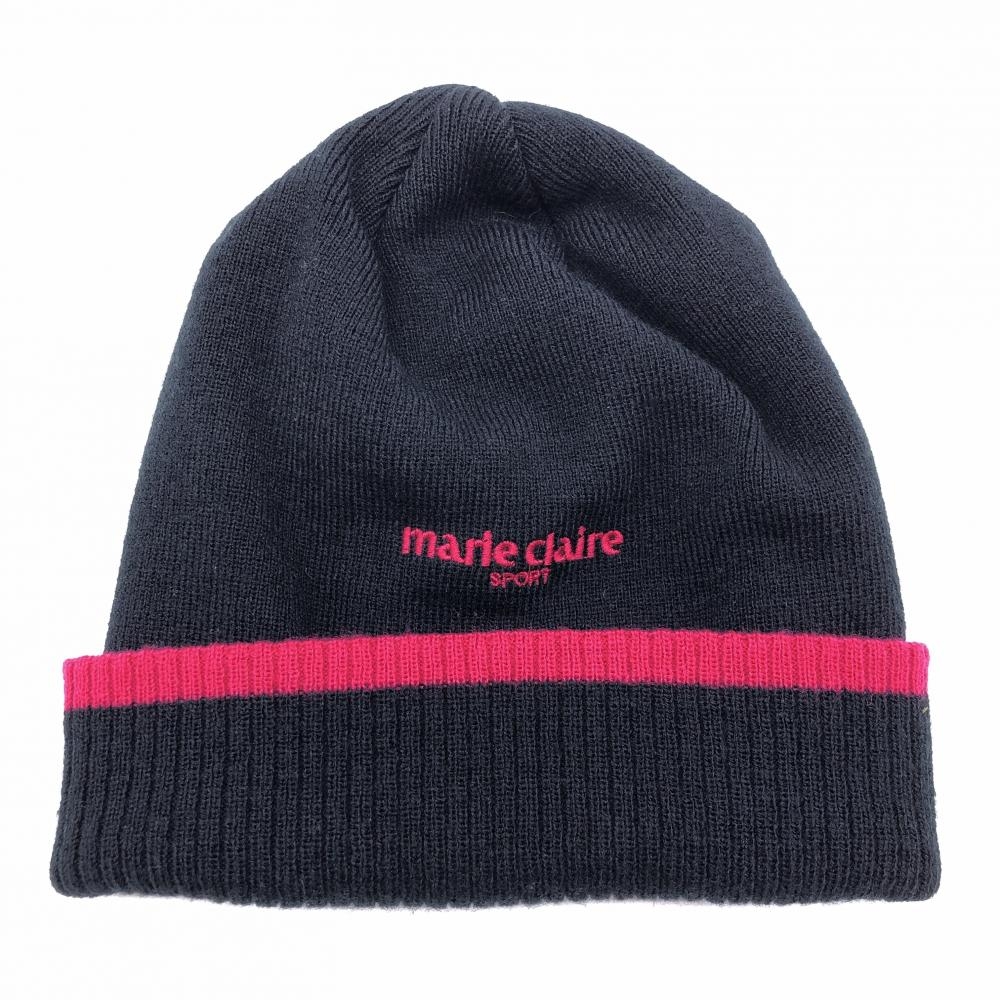 【美品】marie claire マリクレール ニット帽 黒×ピンク ロゴ刺しゅう  ゴルフウェア