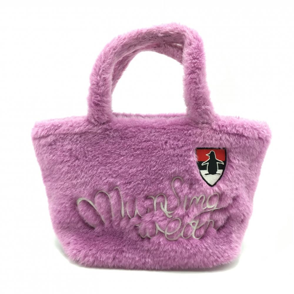 【美品】マンシングウェア カートバッグ パープル×白 フェイクファー ジップ付きゴルフ Munsingwear