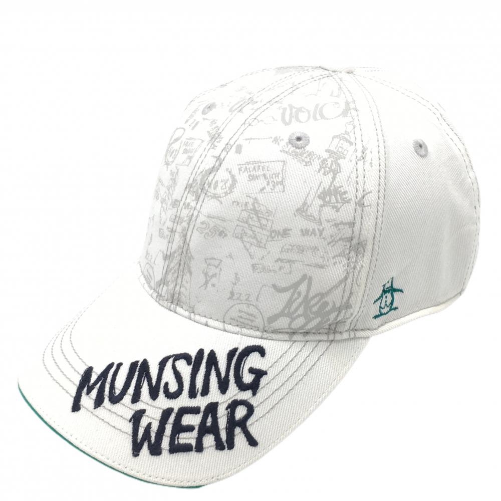【美品】マンシングウェア キャップ 白×ライトグレー 前面総柄 F(56-60cm)   ゴルフウェア Munsingwear