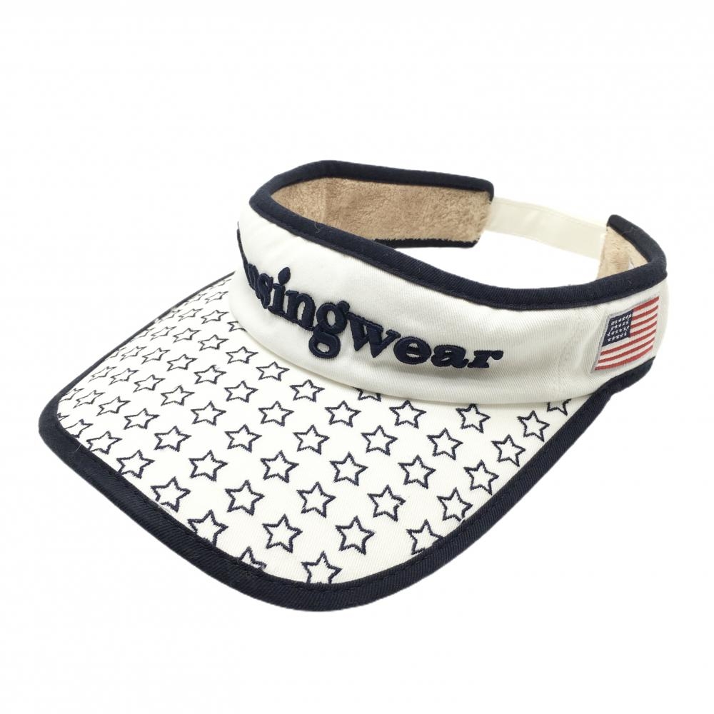 【美品】マンシングウェア サンバイザー 白×ネイビー 星柄 立体ロゴ刺しゅう 星条旗 F(55-59cm)   ゴルフウェア Munsingwear