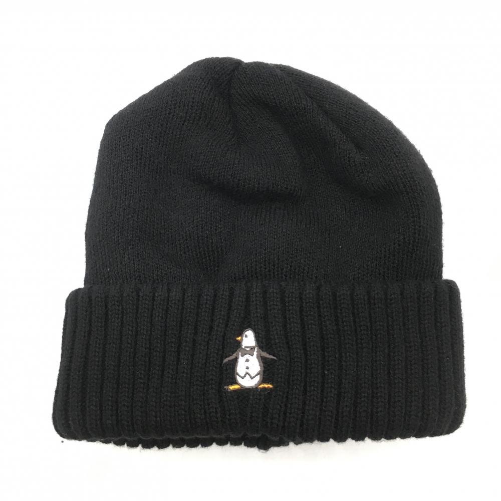 【美品】マンシングウェア ニット帽 黒 ペンギン刺しゅう FREE ゴルフウェア Munsingwear
