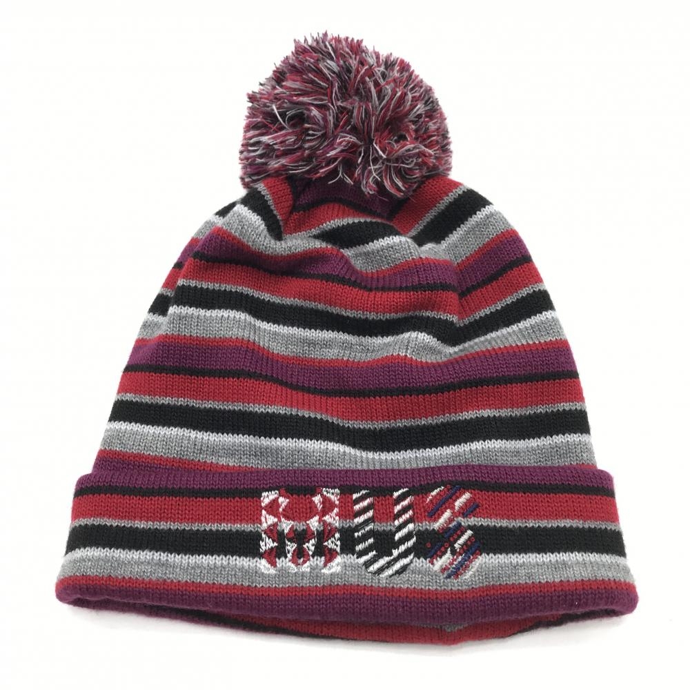 【超美品】MUスポーツ ニット帽 パープル×グレー ボーダー ボンボン付き ウール混  ゴルフウェア M・U SPORTS