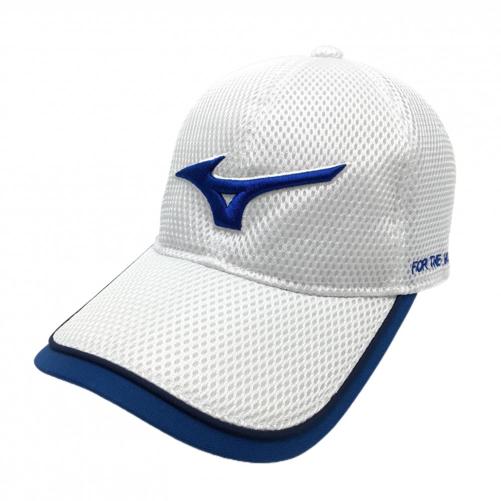 【超美品】ミズノゴルフ メッシュキャップ 白×ブルー 立体ロゴ 型崩れ、つば裏汚れ F(56～60cm)   ゴルフウェア MIZUNO