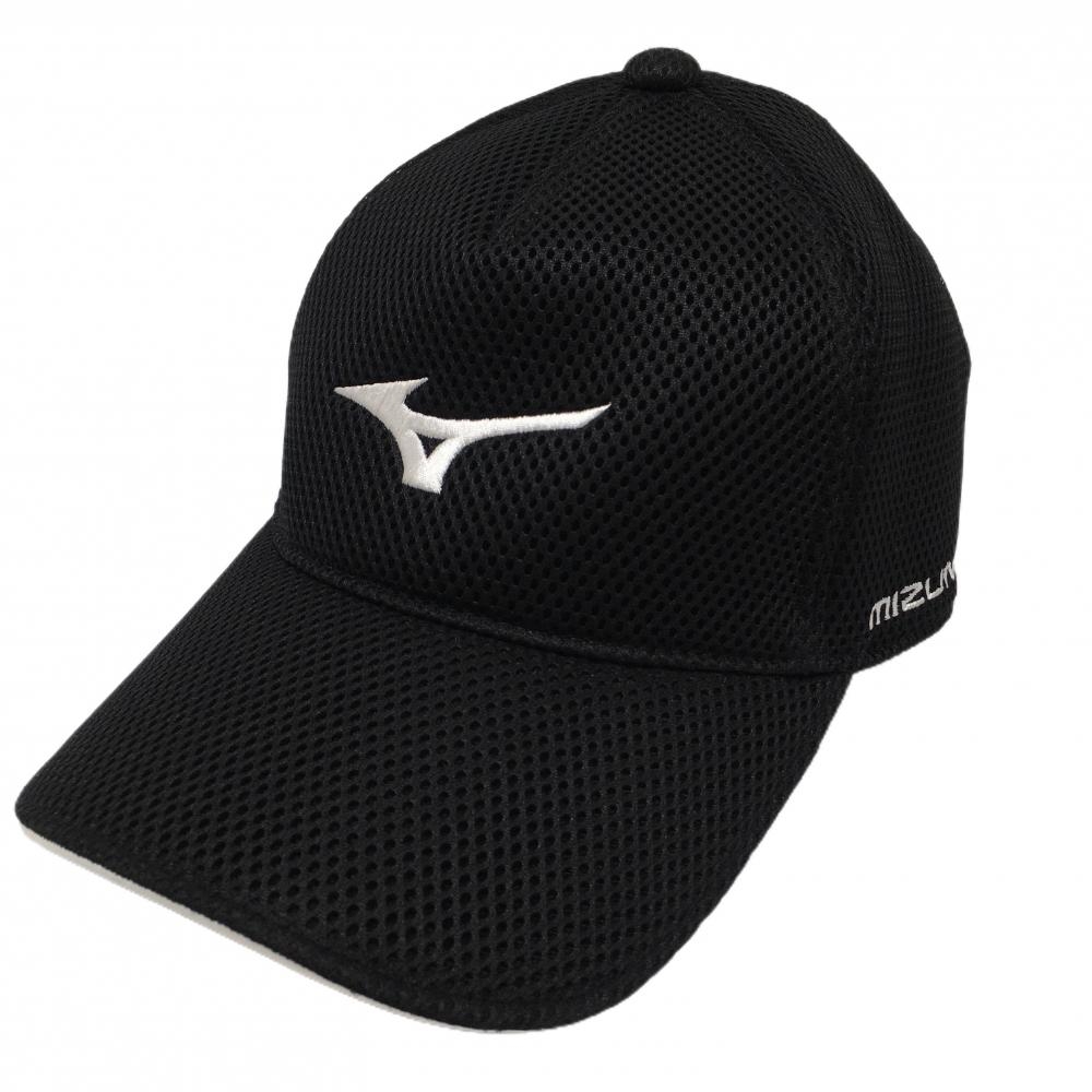 【超美品】ミズノゴルフ メッシュキャップ 黒×白 ロゴ刺しゅう F(56-60cm)   ゴルフウェア MIZUNO