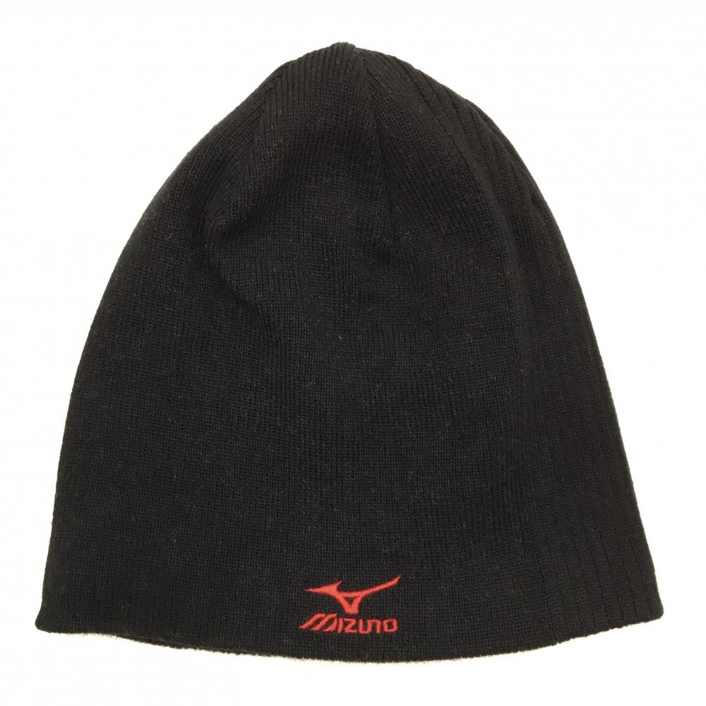【超美品】ミズノ リバーシブルニット帽 黒×レッド ロゴ刺しゅう 裏フリース   ゴルフウェア MIZUNO