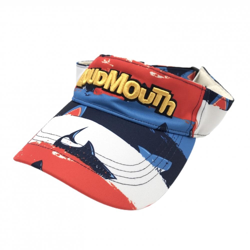 【美品】ラウドマウス サンバイザー オレンジ×白×ネイビー シャークアタック 総柄  ゴルフウェア LOUDMOUTH