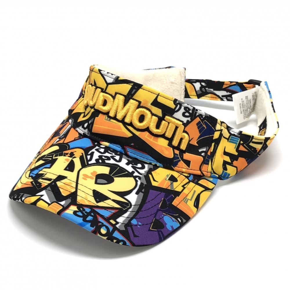 【美品】ラウドマウス サンバイザー イエロー系×ブルー系×パープル系 タグスネオン 総柄 立体ロゴ   ゴルフウェア LOUDMOUTH