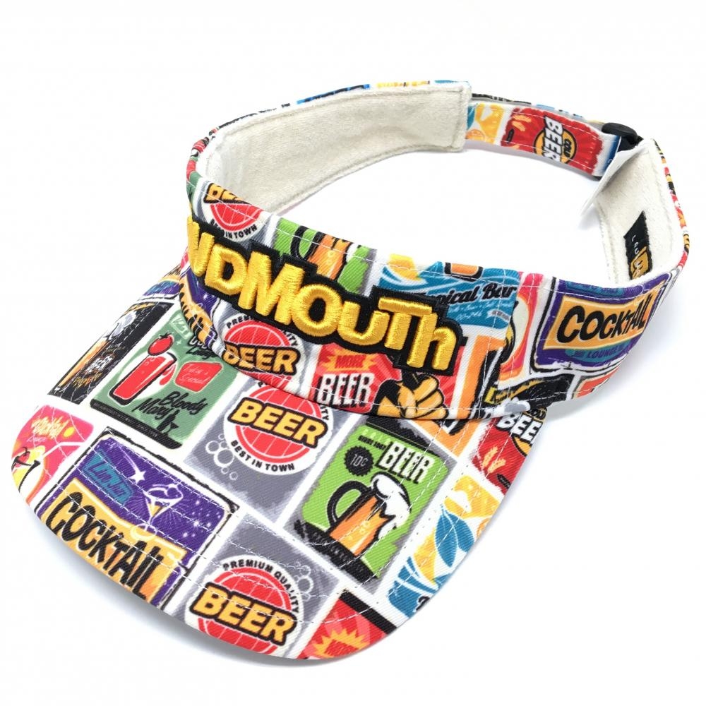ラウドマウス サンバイザー 白×マルチカラー 総柄 ラウドマウススープ 立体ロゴ刺しゅう   ゴルフウェア LOUDMOUTH