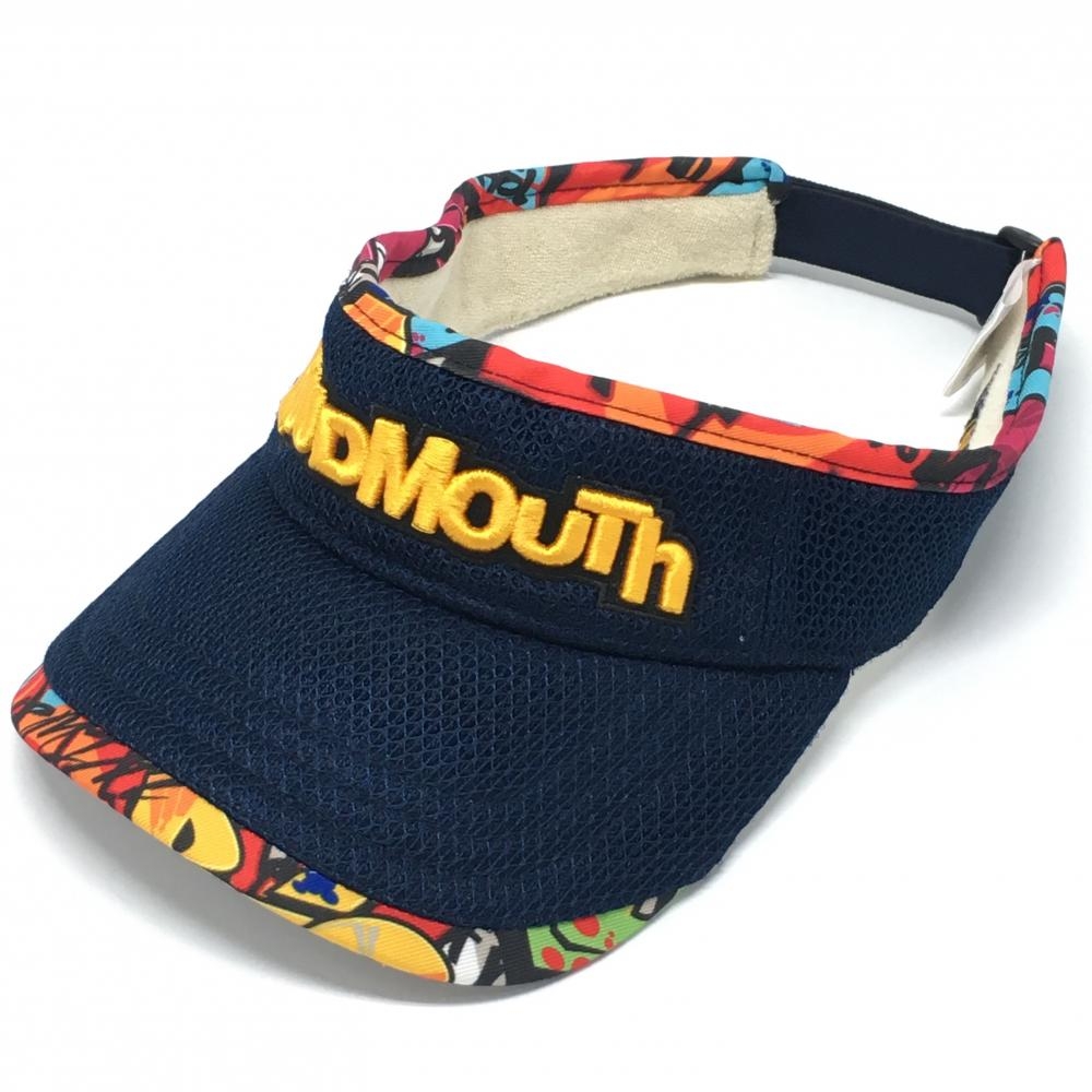【美品】ラウドマウス サンバイザー ネイビー×オレンジ系 ロゴ刺しゅう 縁総柄   ゴルフウェア LOUDMOUTH