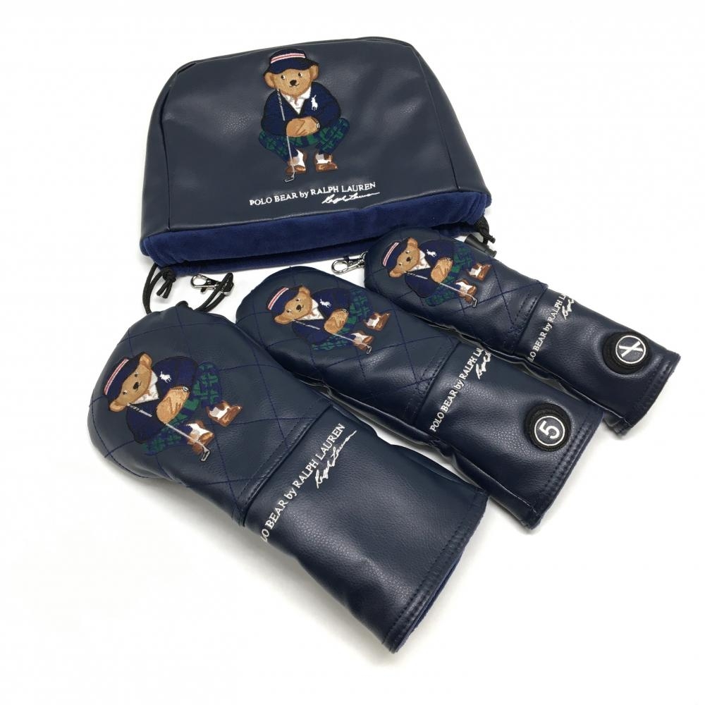 【超美品】ラルフローレン ヘッドカバー4点セット(DR FW UT アイアン) ネイビー×ブラウン系 ポロベア 刺しゅう ゴルフ Ralph Lauren