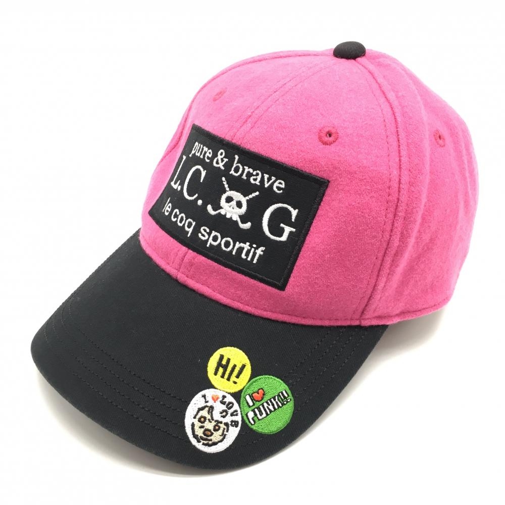 【美品】ルコック キャップ ピンク×黒 クラウン部微起毛 つば刺しゅう スカル   ゴルフウェア le coq sportif