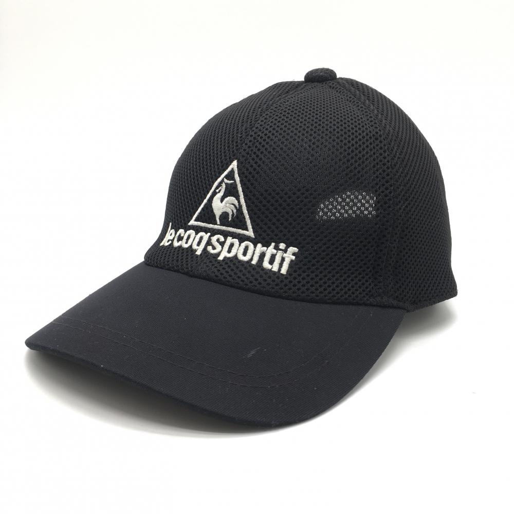 【美品】ルコック メッシュキャップ 黒×白 ロゴ刺しゅう つば・つば裏汚れ少、品質タグ切   ゴルフウェア le coq sportif