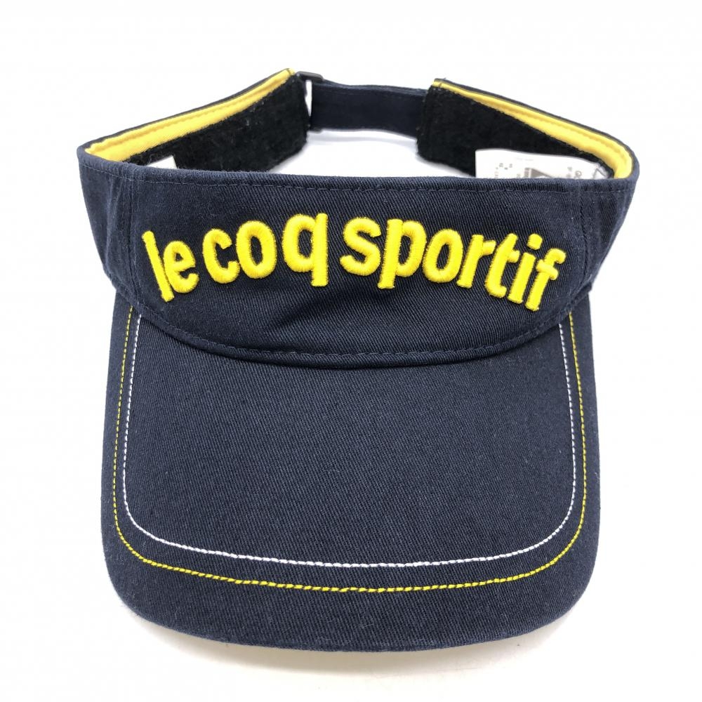 【美品】le coq sportif ルコック サンバイザー ダークネイビー×イエロー ロゴ刺繍 FREE ゴルフウェア