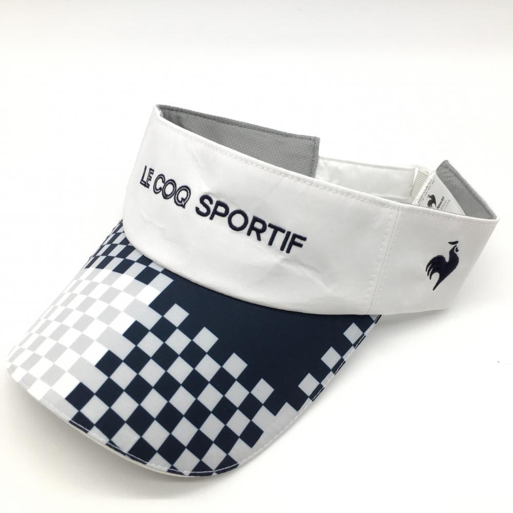 【美品】ルコック サンバイザー 白×ネイビー つばチェック F(55cm～57cm) ゴルフウェア le coq sportif
