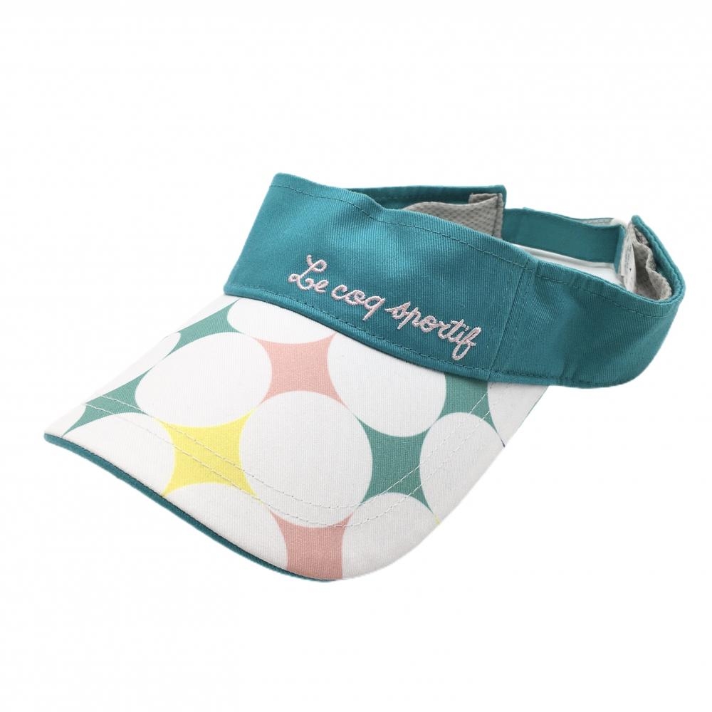 【超美品】ルコック サンバイザー 白×ブルーグリーン ドット F(55-57cm)  ゴルフウェア le coq sportif