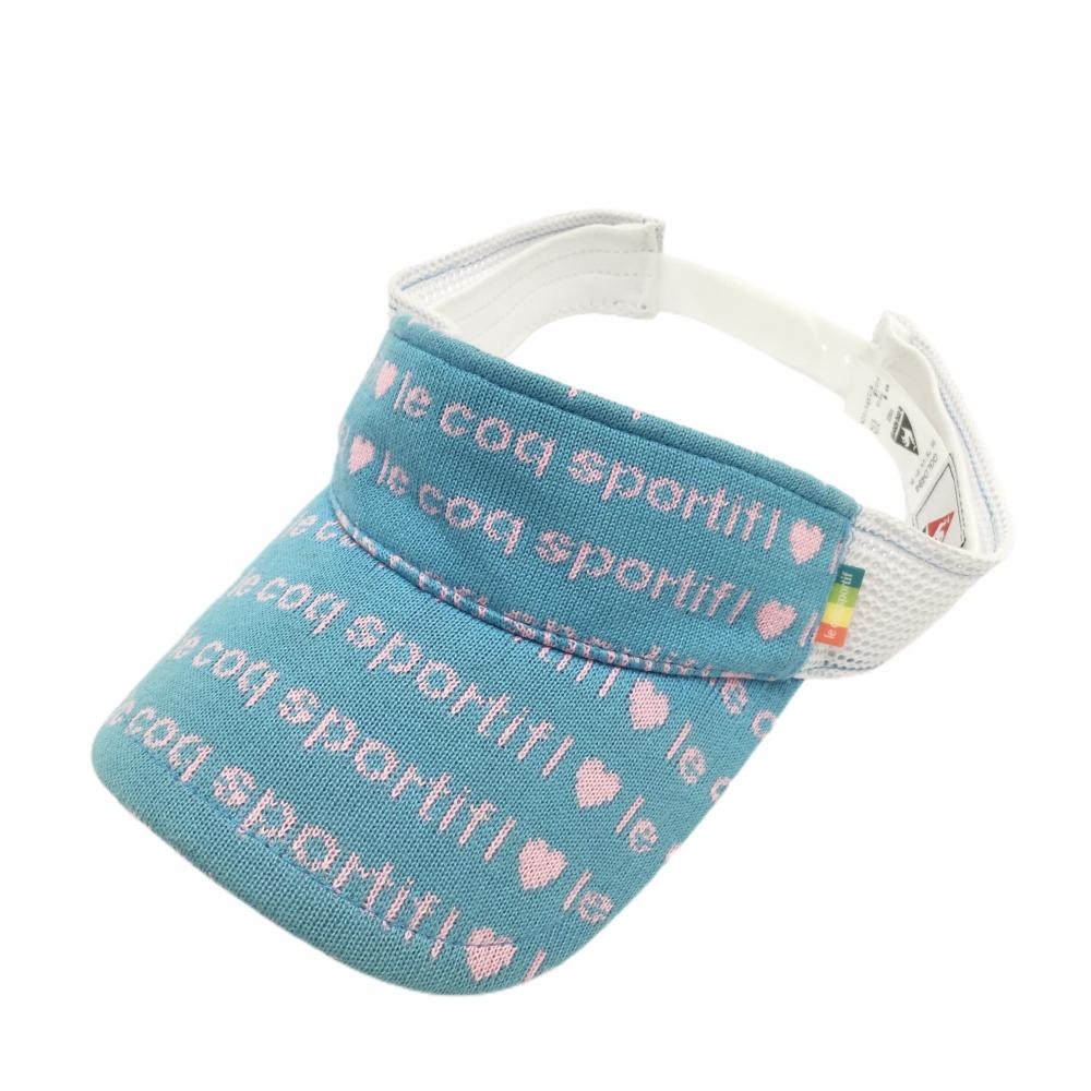 【美品】ルコック ニットサンバイザー ライトブルー×ピンク ロゴ総柄 サイドメッシュ FREE  ゴルフウェア le coq sportif